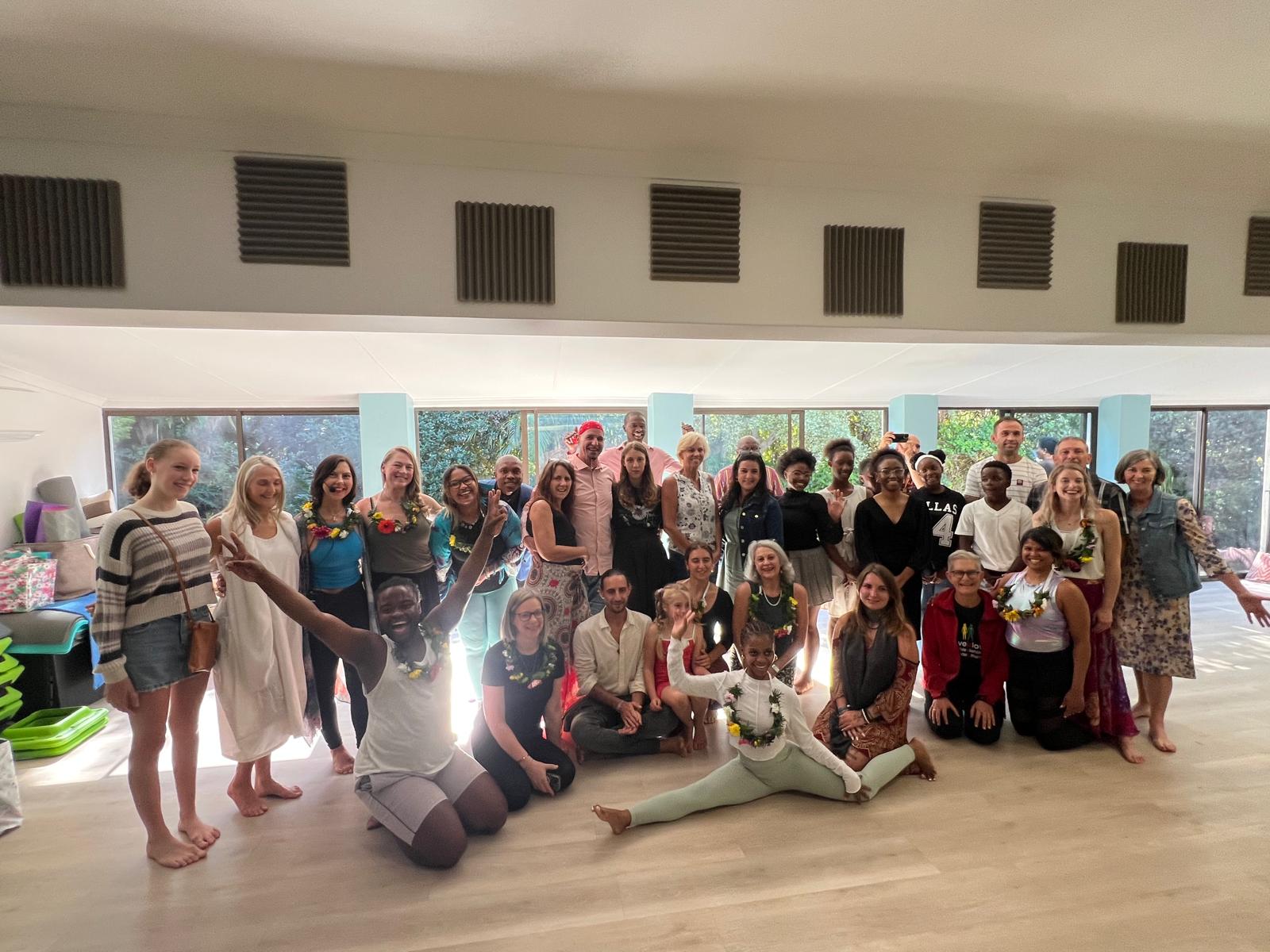 Celebration group photo with flower garlands in the studio